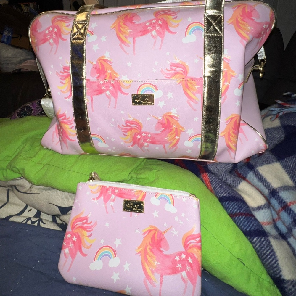 Betsy Johnson Pink Rainbow Gold
Unicorn Bag, Backpack, and Wristlet Faux Leather